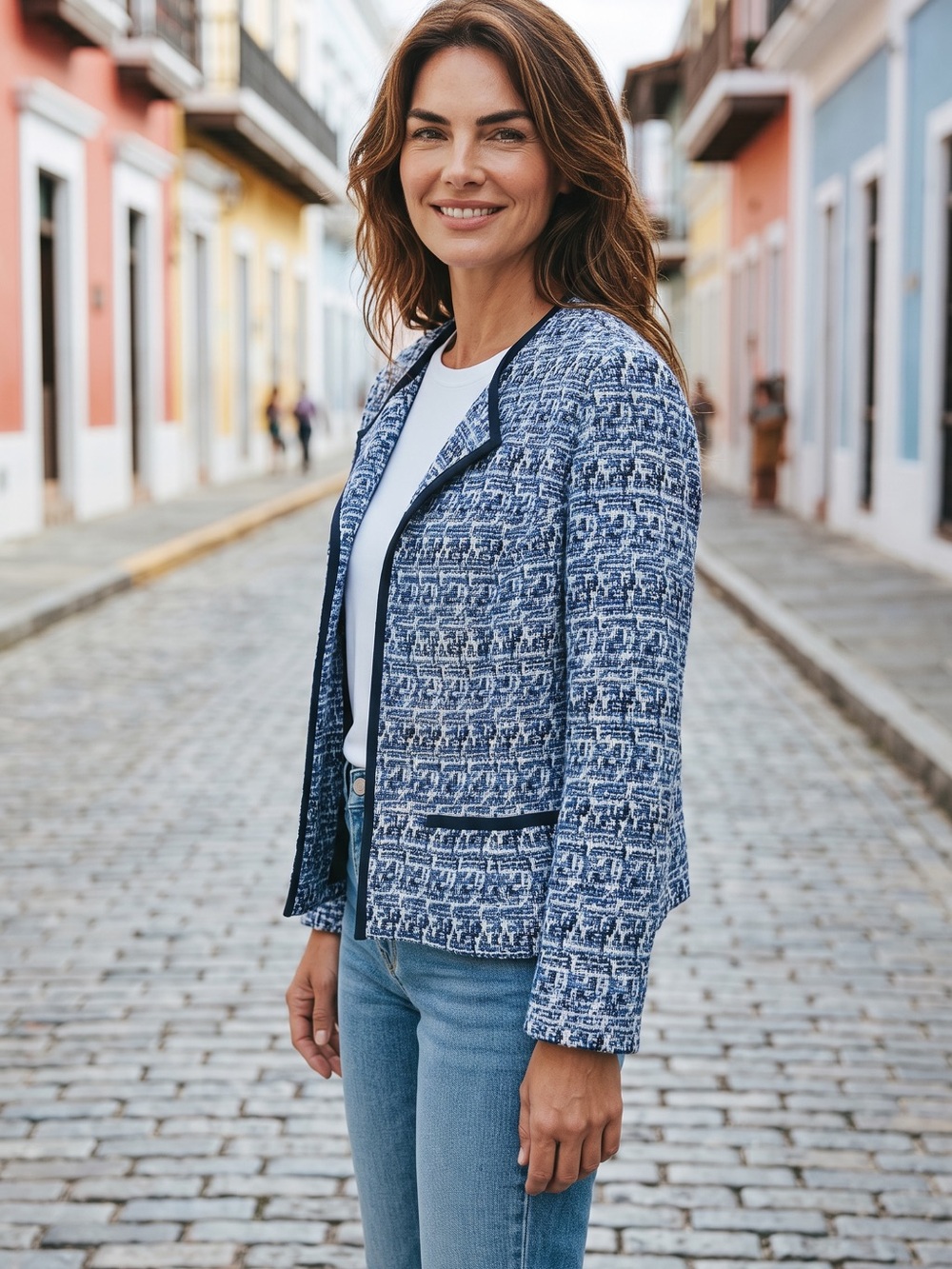 St. John Blue Tweed Open-Front Blazer with Navy Trim